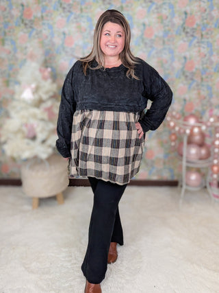 Danielle Twofer Mineral Wash Pullover w/Plaid Bottom-2- Long Sleeve Tops-WHITE BIRCH-Styled by Stacked - A Plus Size Women's Boutique in Lakeville, MN