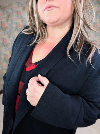 Celine Longline Coatigan w/Pockets in Black-4- Overlayer Tops-WHITE BIRCH-Styled by Stacked - A Plus Size Women's Boutique in Lakeville, MN