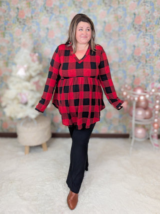 *DEAL* Stevie V-neck Long Sleeve Babydoll in Red Buffalo Plaid *FINAL SALE*-2- Long Sleeve Tops-HEIMISH-Styled by Stacked - A Plus Size Women's Boutique in Lakeville, MN