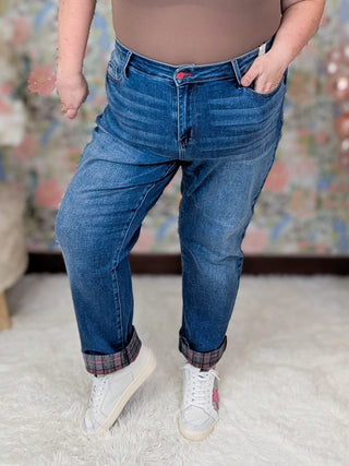 Judy Blue Plaid Cuff Boyfriend Jeans-9- Bottoms Denim-Judy Blue-Styled by Stacked - A Plus Size Women's Boutique in Lakeville, MN