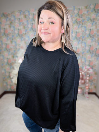 Gloria Pointelle Knit Slouchy Dolman Long Sleeve in Black-2- Long Sleeve Tops-HEIMISH-Styled by Stacked - A Plus Size Women's Boutique in Lakeville, MN