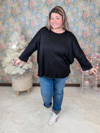 Gloria Pointelle Knit Slouchy Dolman Long Sleeve in Black-2- Long Sleeve Tops-HEIMISH-Styled by Stacked - A Plus Size Women's Boutique in Lakeville, MN