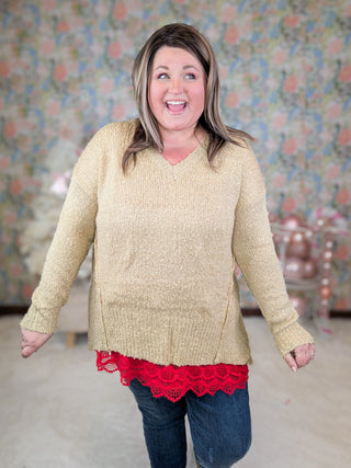 Francie Draped Vneck Sweater w/Side Slits (2 Colors)-2- Long Sleeve Tops-HEIMISH-Styled by Stacked - A Plus Size Women's Boutique in Lakeville, MN