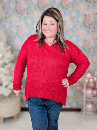 Francie Draped Vneck Sweater w/Side Slits (2 Colors)-2- Long Sleeve Tops-HEIMISH-Styled by Stacked - A Plus Size Women's Boutique in Lakeville, MN