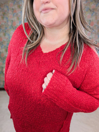 Francie Draped Vneck Sweater w/Side Slits (2 Colors)-2- Long Sleeve Tops-HEIMISH-Styled by Stacked - A Plus Size Women's Boutique in Lakeville, MN