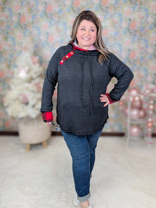 Hilary Buffalo Plaid Accent Pullover w/Double Hood-2- Long Sleeve Tops-WHITE BIRCH-Styled by Stacked - A Plus Size Women's Boutique in Lakeville, MN
