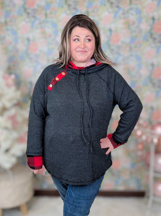 Hilary Buffalo Plaid Accent Pullover w/Double Hood-2- Long Sleeve Tops-WHITE BIRCH-Styled by Stacked - A Plus Size Women's Boutique in Lakeville, MN