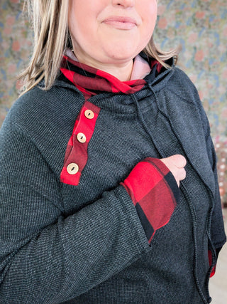 Hilary Buffalo Plaid Accent Pullover w/Double Hood-2- Long Sleeve Tops-WHITE BIRCH-Styled by Stacked - A Plus Size Women's Boutique in Lakeville, MN