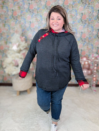 Hilary Buffalo Plaid Accent Pullover w/Double Hood-2- Long Sleeve Tops-WHITE BIRCH-Styled by Stacked - A Plus Size Women's Boutique in Lakeville, MN
