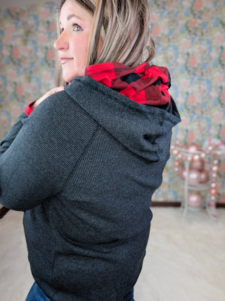 Hilary Buffalo Plaid Accent Pullover w/Double Hood-2- Long Sleeve Tops-WHITE BIRCH-Styled by Stacked - A Plus Size Women's Boutique in Lakeville, MN