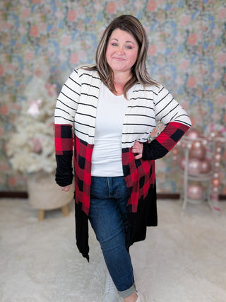 Shawn Stripe & Buffalo Plaid Open Cardigan-4- Overlayer Tops-Heimish-Styled by Stacked - A Plus Size Women's Boutique in Lakeville, MN