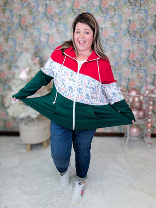 PHC Xmas Berry Colorblock Full Zip Hoodie-3- Hooded Tops-MICHELLE MAE-Styled by Stacked - A Plus Size Women's Boutique in Lakeville, MN