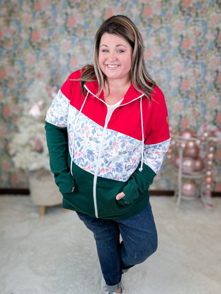 PHC Xmas Berry Colorblock Full Zip Hoodie-3- Hooded Tops-MICHELLE MAE-Styled by Stacked - A Plus Size Women's Boutique in Lakeville, MN