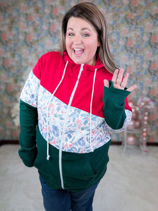 PHC Xmas Berry Colorblock Full Zip Hoodie-3- Hooded Tops-MICHELLE MAE-Styled by Stacked - A Plus Size Women's Boutique in Lakeville, MN