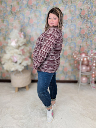 Miles Snowflake Long Sleeve Babydoll Top in Burgundy-2- Long Sleeve Tops-HEIMISH-Styled by Stacked - A Plus Size Women's Boutique in Lakeville, MN