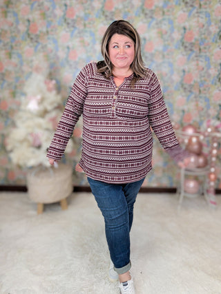 Miles Snowflake Long Sleeve Babydoll Top in Burgundy-2- Long Sleeve Tops-HEIMISH-Styled by Stacked - A Plus Size Women's Boutique in Lakeville, MN