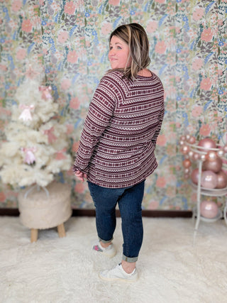 Miles Snowflake Long Sleeve Babydoll Top in Burgundy-2- Long Sleeve Tops-HEIMISH-Styled by Stacked - A Plus Size Women's Boutique in Lakeville, MN