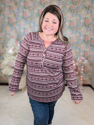 Miles Snowflake Long Sleeve Babydoll Top in Burgundy-2- Long Sleeve Tops-HEIMISH-Styled by Stacked - A Plus Size Women's Boutique in Lakeville, MN