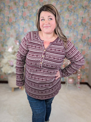 Miles Snowflake Long Sleeve Babydoll Top in Burgundy-2- Long Sleeve Tops-HEIMISH-Styled by Stacked - A Plus Size Women's Boutique in Lakeville, MN