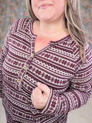 Miles Snowflake Long Sleeve Babydoll Top in Burgundy-2- Long Sleeve Tops-HEIMISH-Styled by Stacked - A Plus Size Women's Boutique in Lakeville, MN
