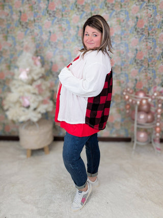 Joya Ivory Stretch Buttondown w/Buffalo Plaid Back-4- Overlayer Tops-WHITE BIRCH-Styled by Stacked - A Plus Size Women's Boutique in Lakeville, MN