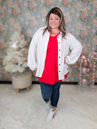 Joya Ivory Stretch Buttondown w/Buffalo Plaid Back-4- Overlayer Tops-WHITE BIRCH-Styled by Stacked - A Plus Size Women's Boutique in Lakeville, MN