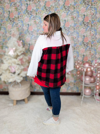 Joya Ivory Stretch Buttondown w/Buffalo Plaid Back-4- Overlayer Tops-WHITE BIRCH-Styled by Stacked - A Plus Size Women's Boutique in Lakeville, MN