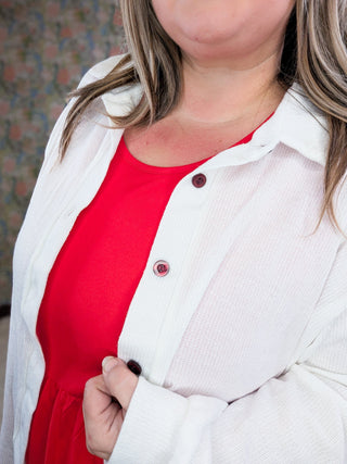 Joya Ivory Stretch Buttondown w/Buffalo Plaid Back-4- Overlayer Tops-WHITE BIRCH-Styled by Stacked - A Plus Size Women's Boutique in Lakeville, MN