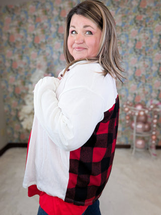 Joya Ivory Stretch Buttondown w/Buffalo Plaid Back-4- Overlayer Tops-WHITE BIRCH-Styled by Stacked - A Plus Size Women's Boutique in Lakeville, MN