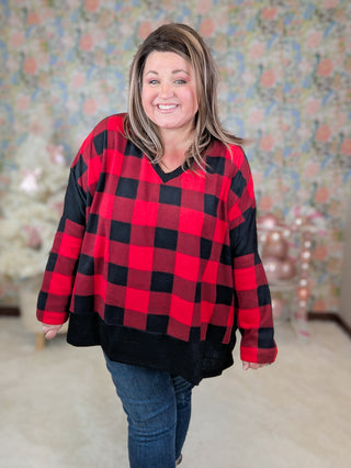 Ellie Handkerchief Hem Tunic in Buffalo Plaid-2- Long Sleeve Tops-WHITE BIRCH-Styled by Stacked - A Plus Size Women's Boutique in Lakeville, MN