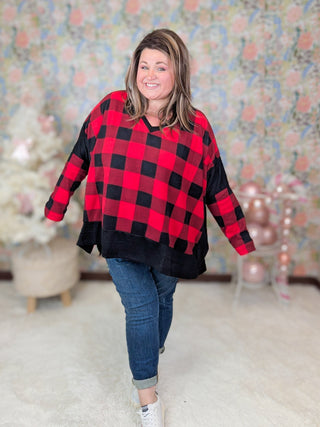 Ellie Handkerchief Hem Tunic in Buffalo Plaid-2- Long Sleeve Tops-WHITE BIRCH-Styled by Stacked - A Plus Size Women's Boutique in Lakeville, MN
