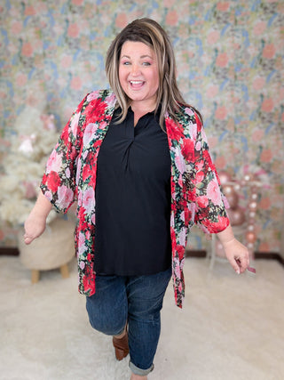 Dylan Open Front Kimono in Red Floral on Black-4- Overlayer Tops-HEIMISH-Styled by Stacked - A Plus Size Women's Boutique in Lakeville, MN