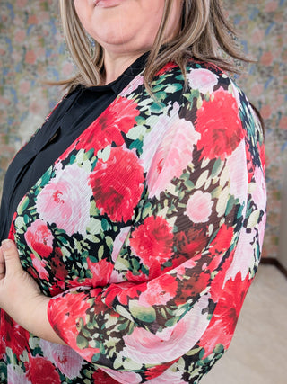 Dylan Open Front Kimono in Red Floral on Black-4- Overlayer Tops-HEIMISH-Styled by Stacked - A Plus Size Women's Boutique in Lakeville, MN