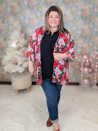 Dylan Open Front Kimono in Red Floral on Black-4- Overlayer Tops-HEIMISH-Styled by Stacked - A Plus Size Women's Boutique in Lakeville, MN