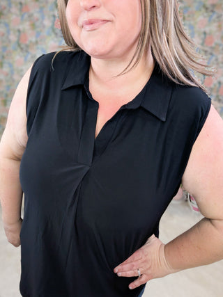 Nola Slitneck Collared Tank in Solid Black-1- ShortSlv/Slvless Tops-WHITE BIRCH-Styled by Stacked - A Plus Size Women's Boutique in Lakeville, MN