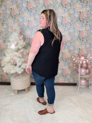 Nola Slitneck Collared Tank in Solid Black-1- ShortSlv/Slvless Tops-WHITE BIRCH-Styled by Stacked - A Plus Size Women's Boutique in Lakeville, MN