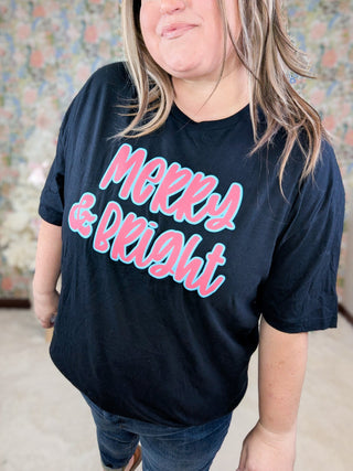 Merry & Bright on Black Tee-6- Graphic Tops-inked up apparel-Styled by Stacked - A Plus Size Women's Boutique in Lakeville, MN
