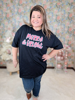 Merry & Bright on Black Tee-6- Graphic Tops-inked up apparel-Styled by Stacked - A Plus Size Women's Boutique in Lakeville, MN