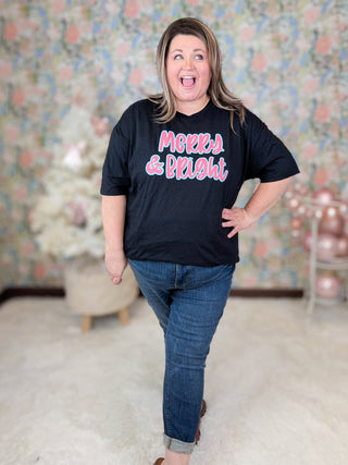 Merry & Bright on Black Tee-6- Graphic Tops-inked up apparel-Styled by Stacked - A Plus Size Women's Boutique in Lakeville, MN