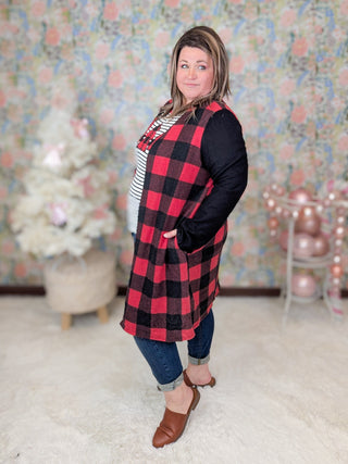 Jolie Buffalo Plaid Cardigan w/Black Sleeves-4- Overlayer Tops-Shopin LA-Styled by Stacked - A Plus Size Women's Boutique in Lakeville, MN
