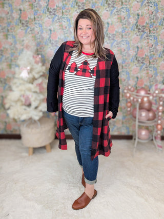 Sami Striped Raglan w/Buffalo Plaid Trees-6- Graphic Tops-Heimish-Styled by Stacked - A Plus Size Women's Boutique in Lakeville, MN
