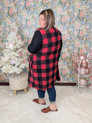 Jolie Buffalo Plaid Cardigan w/Black Sleeves-4- Overlayer Tops-Shopin LA-Styled by Stacked - A Plus Size Women's Boutique in Lakeville, MN