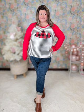 Sami Striped Raglan w/Buffalo Plaid Trees-6- Graphic Tops-Heimish-Styled by Stacked - A Plus Size Women's Boutique in Lakeville, MN