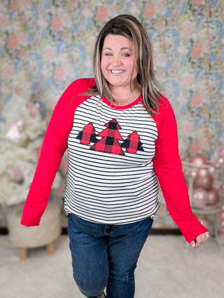 Sami Striped Raglan w/Buffalo Plaid Trees-6- Graphic Tops-Heimish-Styled by Stacked - A Plus Size Women's Boutique in Lakeville, MN