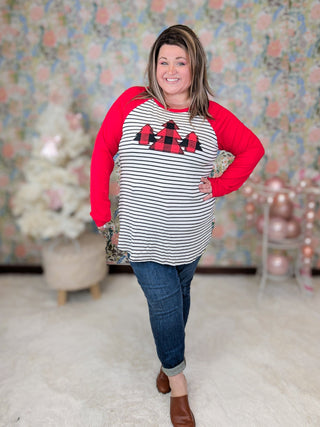 Sami Striped Raglan w/Buffalo Plaid Trees-6- Graphic Tops-Heimish-Styled by Stacked - A Plus Size Women's Boutique in Lakeville, MN