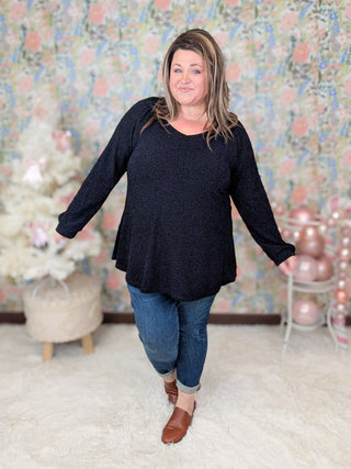 Harmony Vneck Long Sleeve in Black Shimmer-2- Long Sleeve Tops-BE STAGE-Styled by Stacked - A Plus Size Women's Boutique in Lakeville, MN