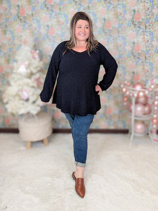 Harmony Vneck Long Sleeve in Black Shimmer-2- Long Sleeve Tops-BE STAGE-Styled by Stacked - A Plus Size Women's Boutique in Lakeville, MN