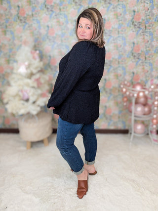 Harmony Vneck Long Sleeve in Black Shimmer-2- Long Sleeve Tops-BE STAGE-Styled by Stacked - A Plus Size Women's Boutique in Lakeville, MN