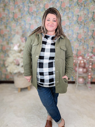 Ian Quilted Sweatshirt Shacket in Olive-4- Overlayer Tops-HEIMISH-Styled by Stacked - A Plus Size Women's Boutique in Lakeville, MN