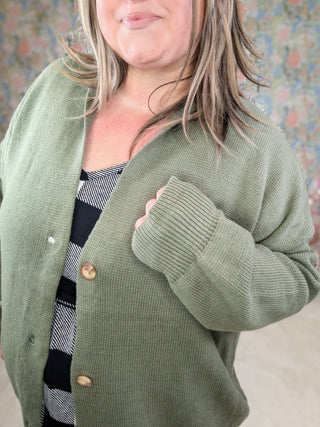 Austin Button Front Sweater Cardigan in Olive-4- Overlayer Tops-WHITE BIRCH-Styled by Stacked - A Plus Size Women's Boutique in Lakeville, MN